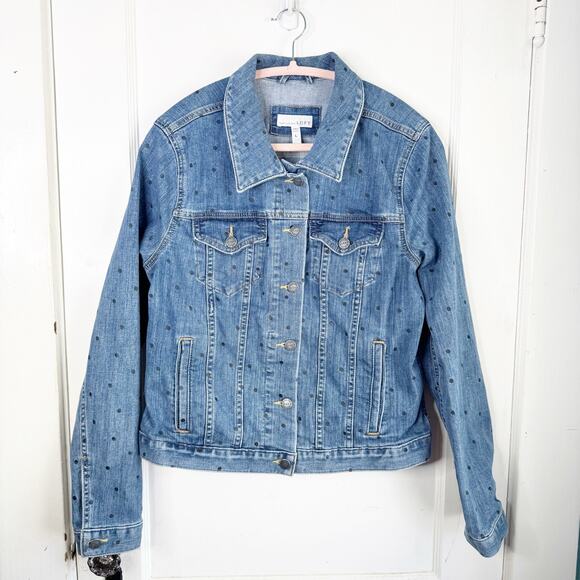 LOFT Collared Long Sleeve Polka Dot Denim Jacket Stretch Size Large L Preppy - Picture 1 of 12